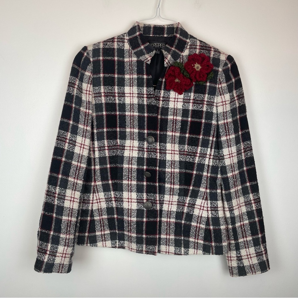 Kasper Women’s Size 4 Plaid Blazer Jacket Black White Red with Floral Accent